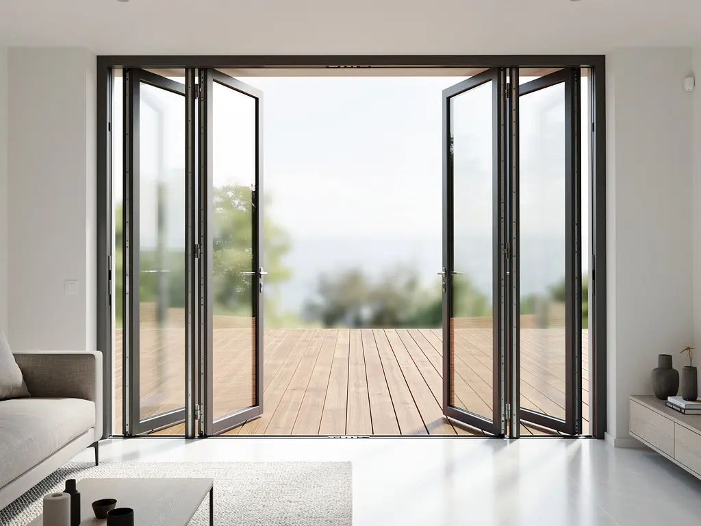 Baie coulissante aluminium gris anthracite ouvrant un salon sur la terrasse