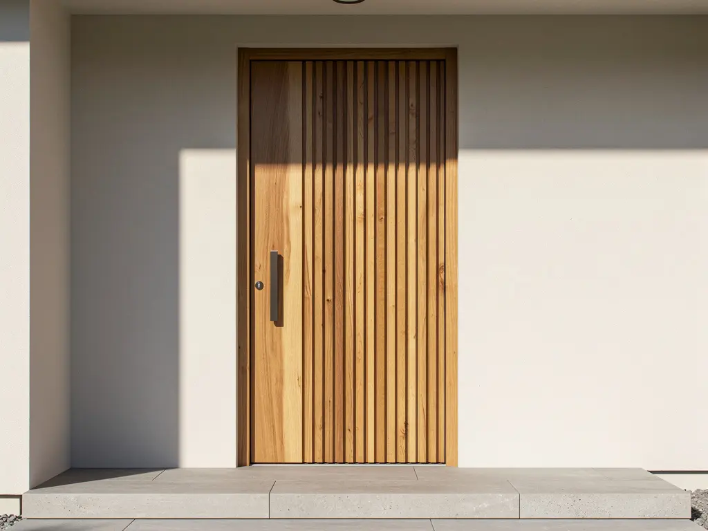 Porte d'entrée en bois sur mesure à frise verticale et serrure encastrée