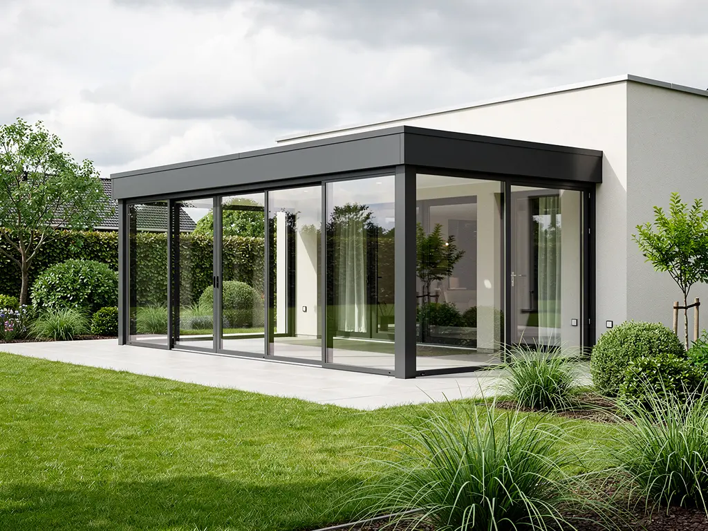 Véranda vitrée à toit plat prolongeant une maison de plain-pied